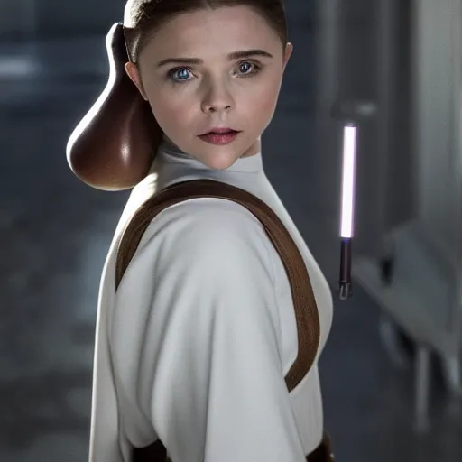 Image similar to Adult Chloe Moretz as Princess Leia, XF IQ4, 150MP, 50mm, f/2.8, ISO 200, 1/400th, natural light