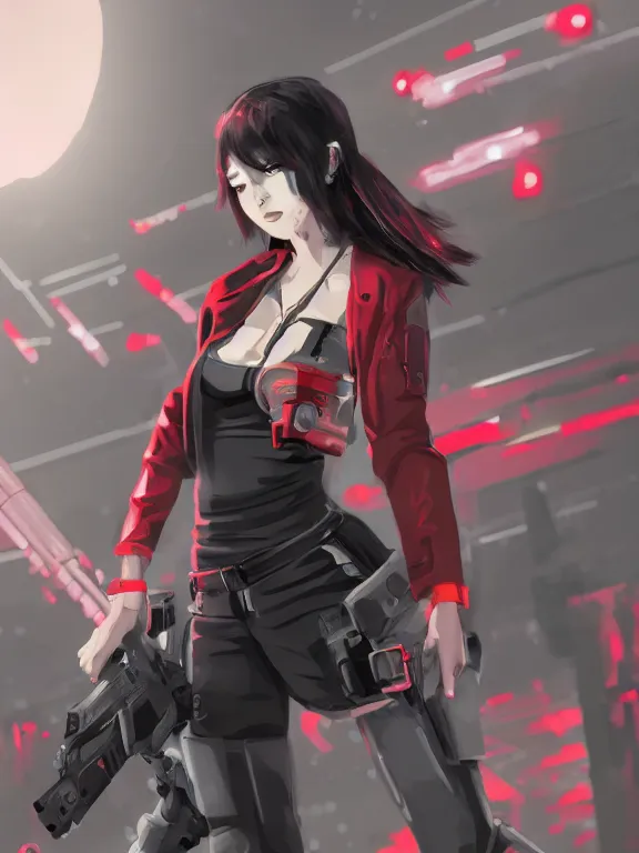 Image similar to a female character with a gun and a red background, cyberpunk art by muqi, featured on pixiv, rayonism, sci - fi, pixiv, official art