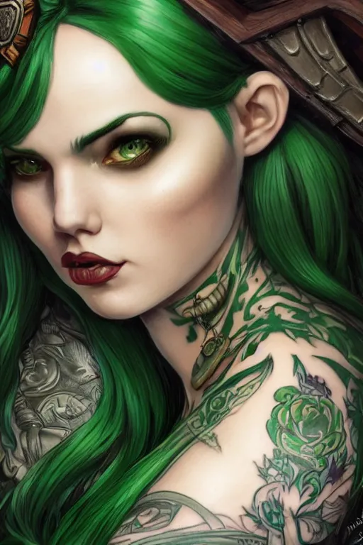 Prompt: green hair tattooed pinup hannah murray, rogue bard, feathers, baldurs gate, diablo, dnd, deep focus, turnaround, fantasy, intricate, elegant, highly detailed, digital painting, artstation, concept art, matte, sharp focus, illustration, hearthstone, art by artgerm and greg rutkowski and alphonse mucha.