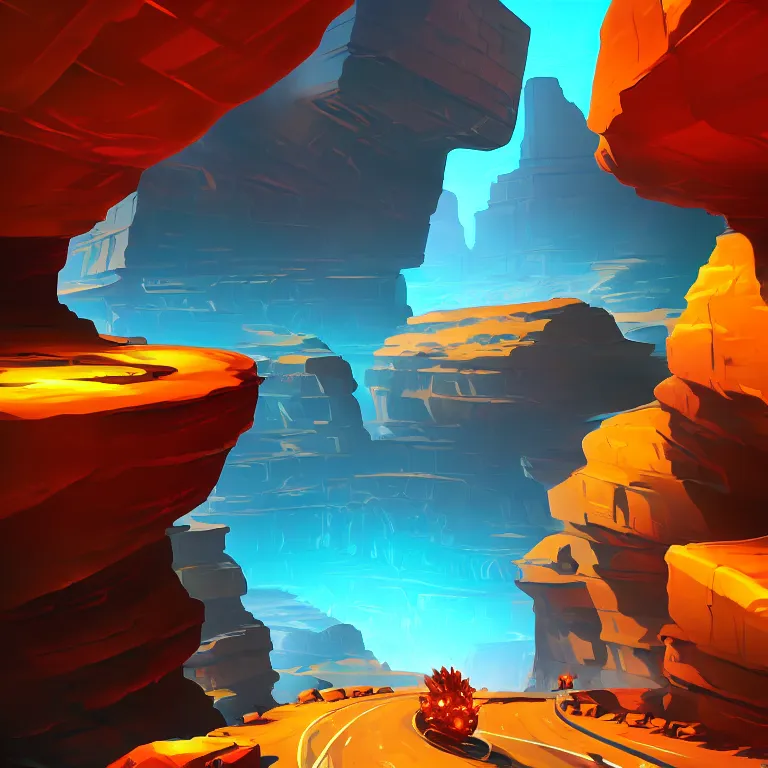 Prompt: marketing game illustration, distortion camera of a scifi road into the rocks canyon very fast feeling in the style of Blizzard and Riot Games