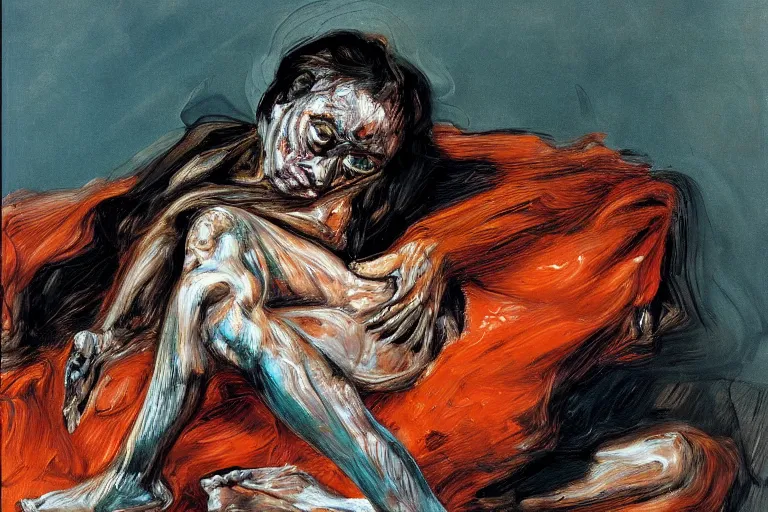 Image similar to high quality high detail painting of a ballerina in agony by lucian freud and jenny saville and francis bacon, hd, dark demonic dancer, turquoise and orange