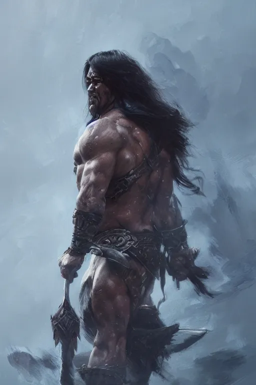 Prompt: Conan the Barbarian, portrait, powerful, intricate, elegant, volumetric lighting, digital painting, highly detailed, artstation, sharp focus, illustration, ruan jia