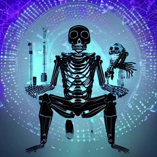 Prompt: cyberpunk skeleton band playing synthesizer, honeycomb structure, smokey lights, lasers, highly detailed, realistic, technology and magic,