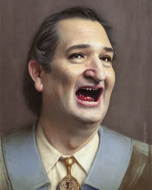 Prompt: closeup portrait of ted cruz, court jester in renaissance era,, masterpiece, by donato giancola and greg rutkowski and wayne barlow and zdzisław beksinski, high contrast, realistic face