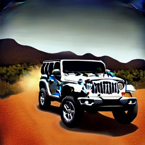 Prompt: Jeep, Off-roading, Mountain landscape, dirt, road, cinematic color, photorealistic, highly detailed wheels, highly detailed