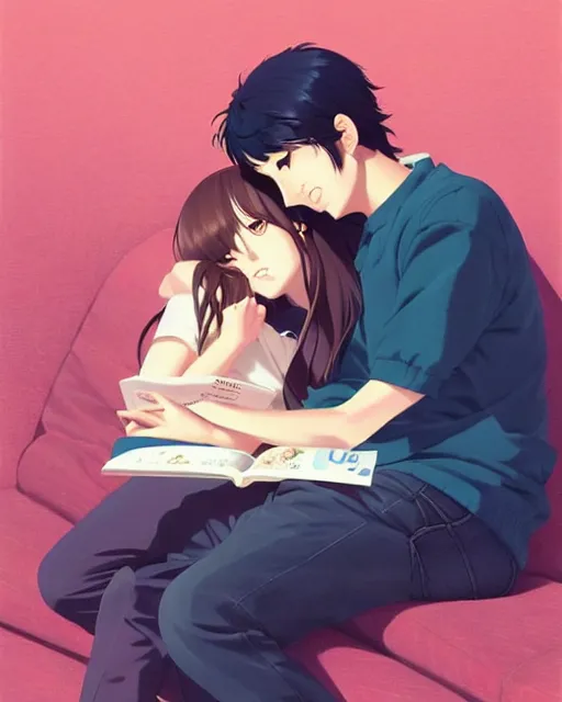 Image similar to cute girl reading book with her boyfriend, shy emotion. | very very anime!!!, fine - face, audrey plaza, realistic shaded perfect face, fine details. anime. very strong realistic shaded lighting poster by ilya kuvshinov katsuhiro otomo ghost, magali villeneuve, artgerm, jeremy lipkin and michael garmash and rob rey