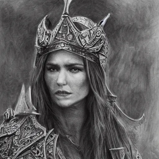 Prompt: hyper realistic pencil drawing of Christina Henricks as a viking princess, intricate detail, beautiful, battle armor, war, fight, light, dragon, colorful