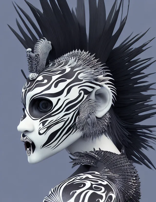 Image similar to 3 d goddess close - up profile simple portrait punk with mohawk with tiger skull. beautiful intricately detailed japanese crow kitsune mask and clasical japanese kimono. betta fish, jellyfish phoenix, bio luminescent, plasma, ice, water, wind, creature, artwork by tooth wu and wlop and beeple and greg rutkowski