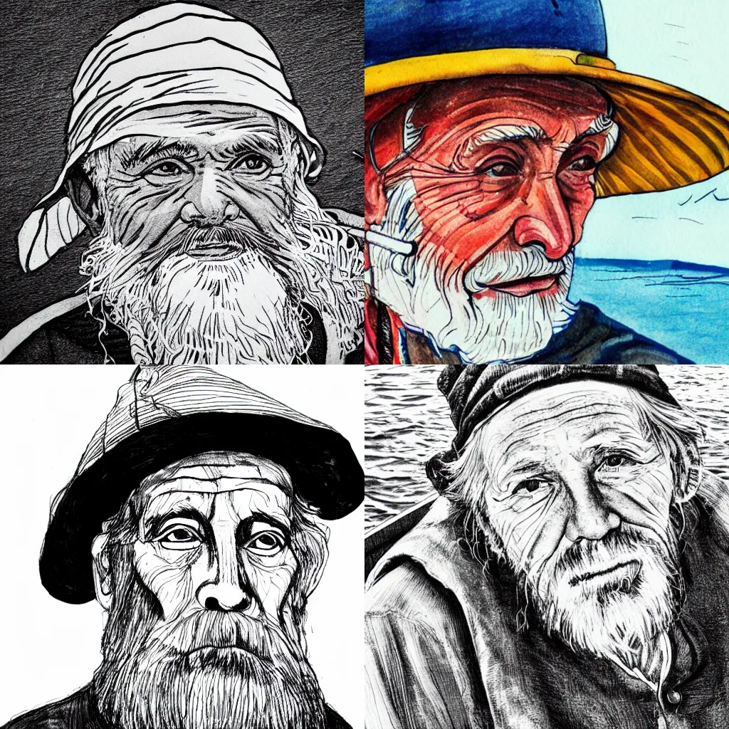 Prompt: old fisherman on his boat, portrait close - up black pen