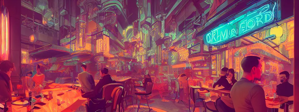 Prompt: concept art, crowded retro - futurist speakeasy, reflections, eerie neon lighting, beautiful plants, colourful flowers, style of bladerunner, octane render, artstation, james jean, syd mead, akihiko yoshida, cinematic