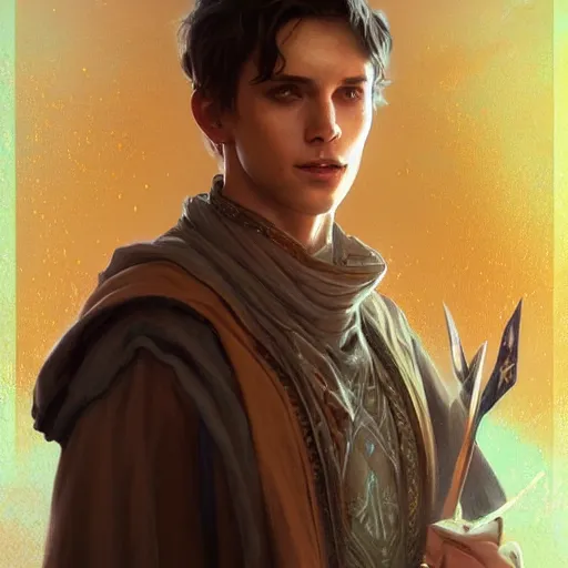 Prompt: a handsome young wizard confused about his decision between dark and light magic, volumetric lighting, D&D, fantasy, intricate, cinematic lighting, highly detailed, digital painting, artstation, concept art, smooth, sharp focus, illustration, art by Artgerm and Greg Rutkowski and Alphonse Mucha