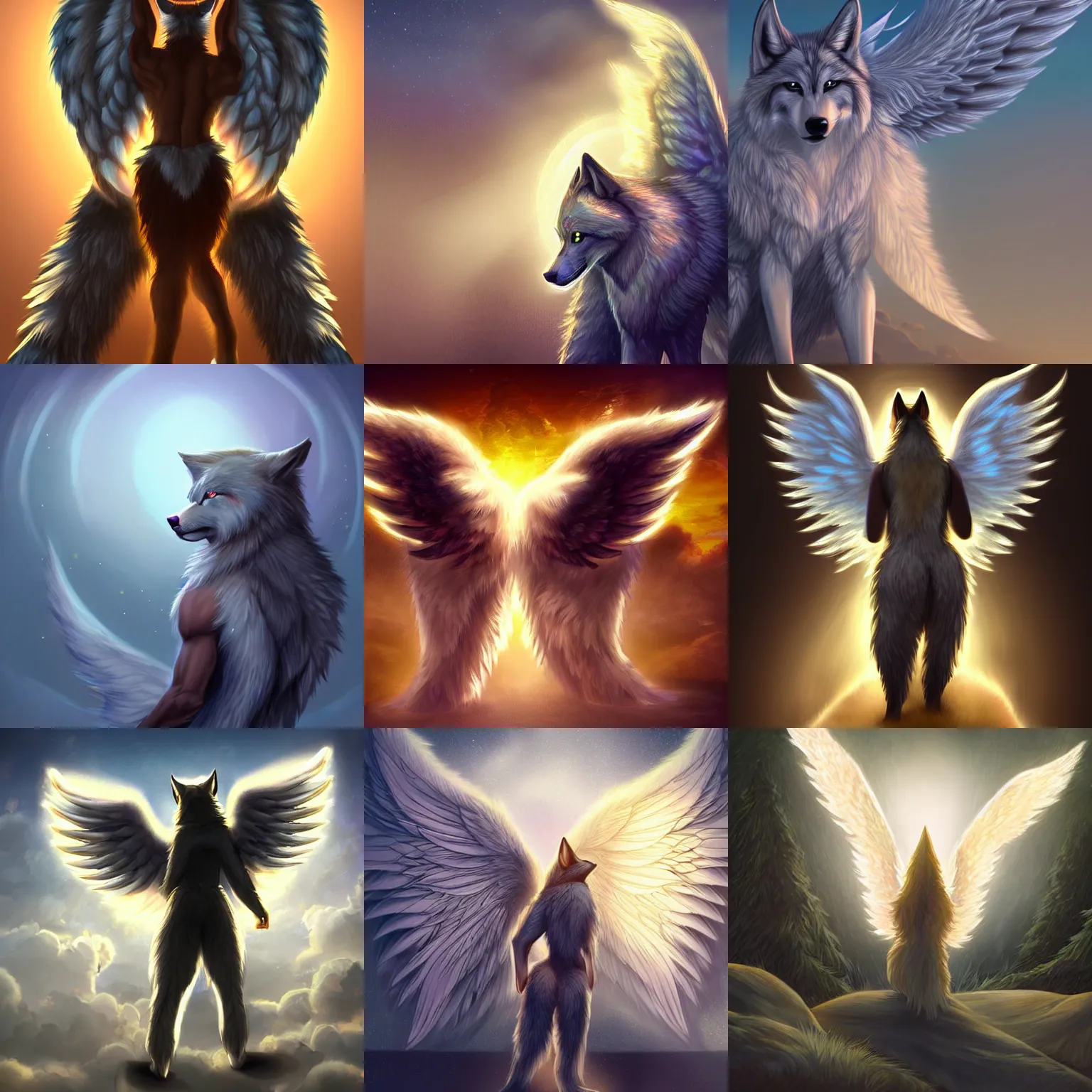 Prompt: very very beautiful furry art, male anthro wolf, angel wings behind back, backlit, astonishing lighting, high quality highly detailed digital art, fursona commission on furaffinity, disney