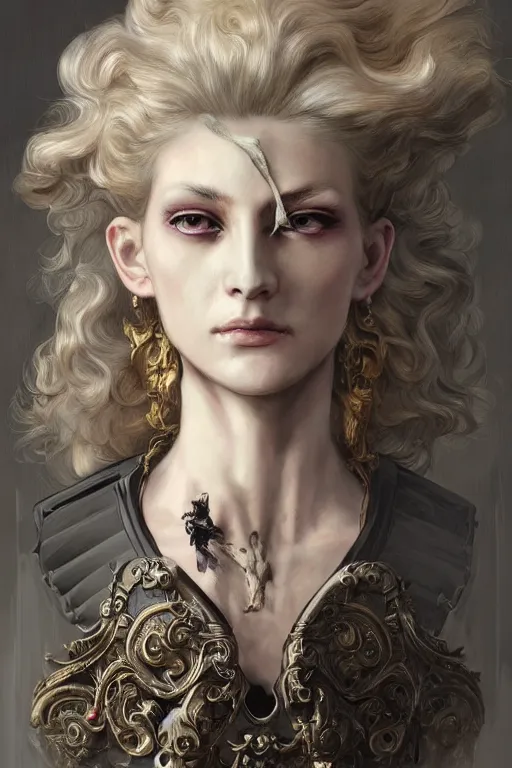 Prompt: portrait, headshot, insanely new baroque hair style, dramatic hair color, digital painting, of a old 18th century, old cyborg prince, amber jewels, baroque, ornate clothing, scifi, realistic, hyperdetailed, chiaroscuro, concept art, art by Franz Hals and Jon Foster and Ayami Kojima and Amano and Karol Bak,