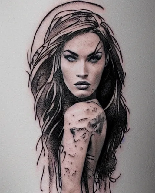 Image similar to double exposure effect tattoo design sketch of megan fox with beautiful mountains, realism tattoo, in the style of andrey lukovnikov, amazing detail, sharp, surrealist