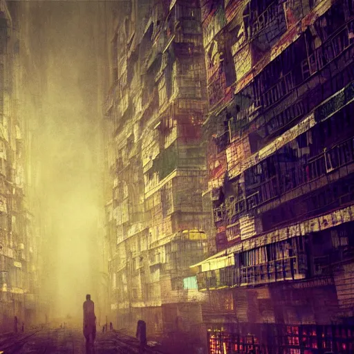 Prompt: megacity, kowloon walled city, hive city, dystopian endless, intricate, complex, labyrinthine, byzantine, tangled, matte painting, smoke, fog, night, gloomy, dark, dramatic, cinematic, volumetric lighting, gods eye view