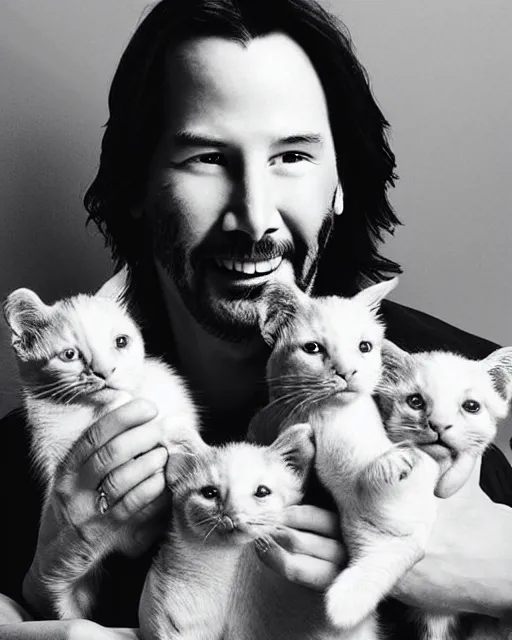 Prompt: “ head and shoulders glamour portrait of keanu reeves smiling at the camera and cradling a half dozen kittens in his arms, pastel colored background, high quality photo, photography, dreamy, 8 k, hd, hdr ”