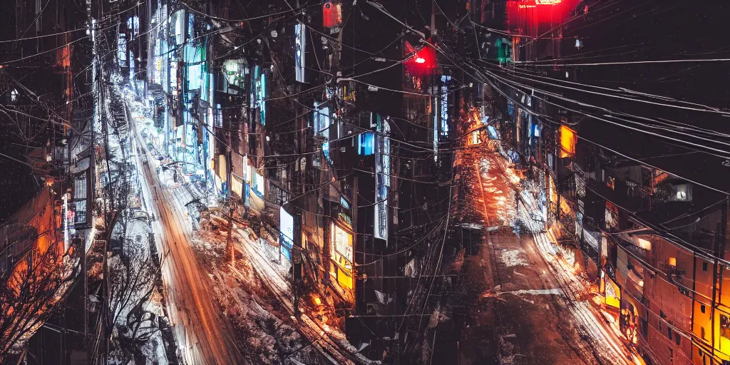 Prompt: a city street at night, snowing, photograph, cyberpunk, sharp focus, intricate detail, drone shot, high resolution, 8k, neon streetlights, wires hanging down everywhere, Japan, colourful