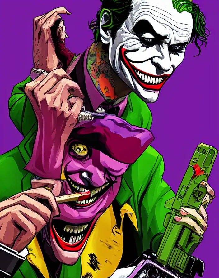 Prompt: the joker as a grand theft auto 5 character, cover game art