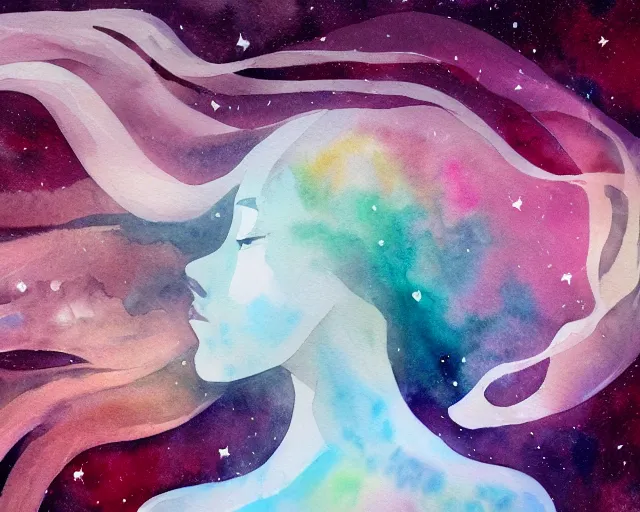 Image similar to an outline of a woman with long hair flowing behind her ; the hair is a large nebula in space with stars : watercolor painting on white paper, small detailed?, abstract art, minimalism, painterly style, 4k ultra hd, on artstation