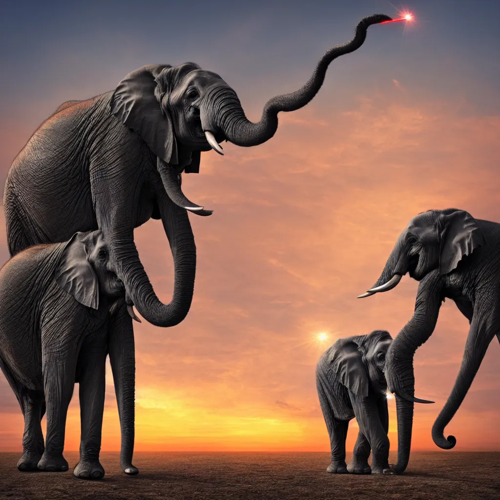 Prompt: An elephant with laser eyes, in front of a sunset