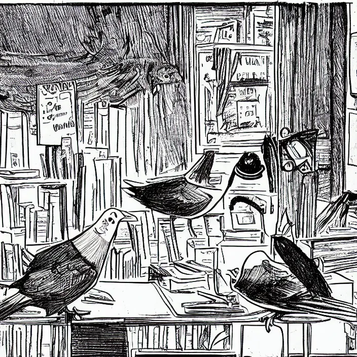 Image similar to a still frame from comic strip a pigeon sitting on the desk 1 9 9 0, new yorker illustration, monochrome contrast bw, lineart, manga