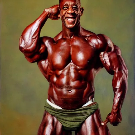 Prompt: rambo, 1 9 8 6, bill cosby, muscular, defined, shouting, oil on canvas octane render