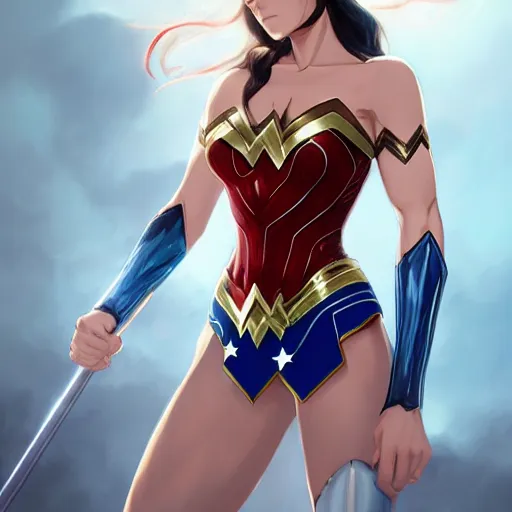 Image similar to A realistic anime wonder woman, digital painting, by WLOP and Rossdraws, digital painting, trending on ArtStation, deviantart