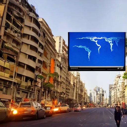 Image similar to Buenos Aires, futuristic, flying cars, futuristic hologram screens in the street