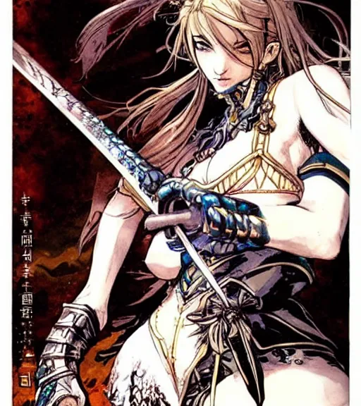 Image similar to a lady of the lake holding the legendary excalibur, soul calibur inspired, folklore, comic book art, by yoji shinkawa and takehiko inoue and kim jung gi, masterpiece, perfect