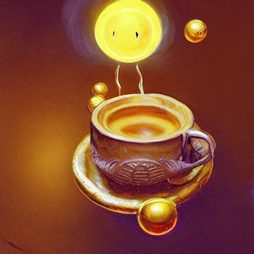 Image similar to a cute frog throws golden metal balls into a cup of coffee, by esao andrews, by m. w. kaluta, volumetric light, rich colors, very humorous oil painting, realistic reflections, smooth, concept art, depth perception, high depth of field, 4 k, unreal engine 5, ultradetailed, hyperrealistic, artstation