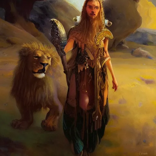 Prompt: mystical cosmic goth lion viking messenger queen, oil painting by greg rutkowski, james jean, frank crozier, ellis silas, john singer sargent, george bellows, georgia o keeffe. 4 k high - quality, emotional