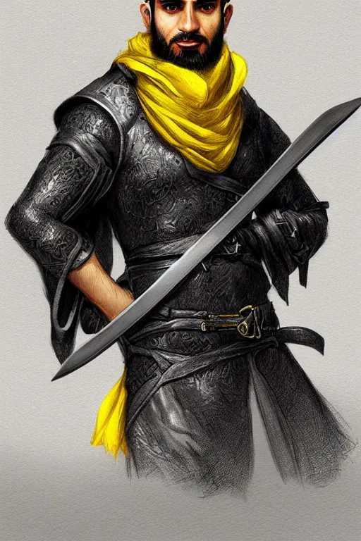 Image similar to Arab man light beard, curly hair, swordsman, modern, hero, leather , yellow and charcoal, character concept art, costume design, trending on artstation, Artgerm , WLOP