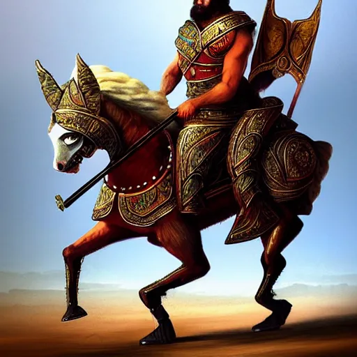 Image similar to persian cataphract on horseback with a spear, trending on artstation