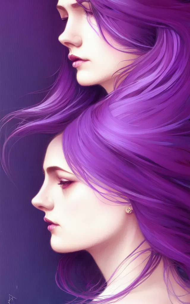 Image similar to Purple hair, creative colouring Portrait of woman face profile, fashion, coloured strands of hair, intricate, elegant, highly detailed, digital painting, artstation, concept art, smooth, sharp focus, illustration, art by artgerm and greg rutkowski and alphonse mucha, 8k