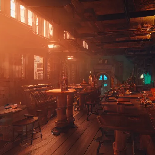 Prompt: ultra mega super hyper realistic Digital concept art of Cyberpunk tavern mixed with medieval style. Natural sunlight. Rendered in VRAY and DaVinci Resolve and MAXWELL and LUMION 3D, Volumetric natural light