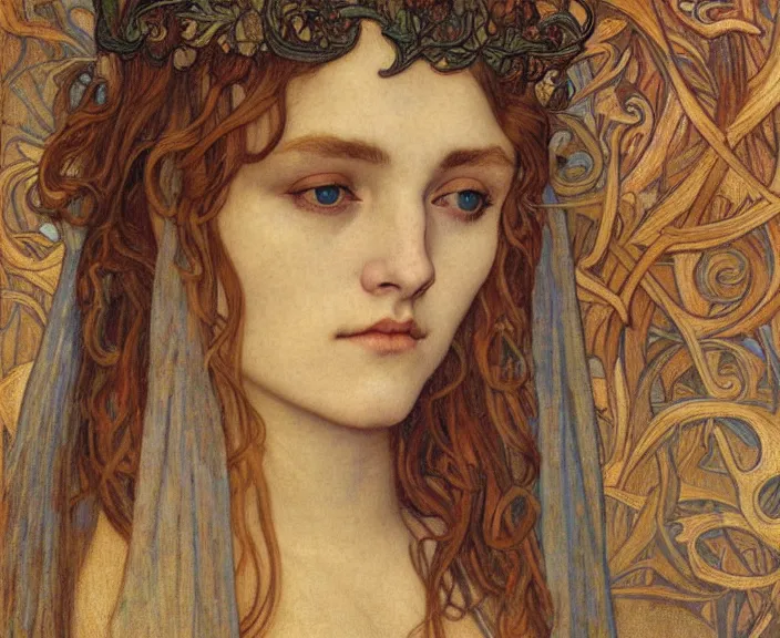 Image similar to detailed realistic beautiful young medieval queen face portrait by jean delville, alphonse mucha, vincent van gogh, and marco mazzoni, art nouveau, symbolist, visionary, gothic, pre - raphaelite