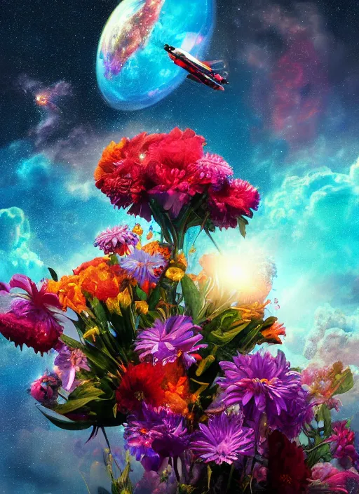 Image similar to An epic fantastic realism comic book style painting of the most beautiful flowers launched into space, bouquets, glorious galactic collision, sharp focus, fisheye, unreal 5, DAZ, hyperrealistic, octane render, dynamic lighting