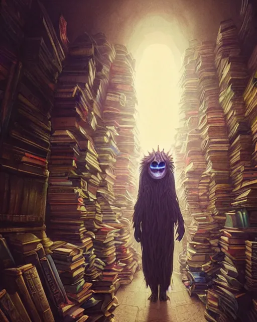 Image similar to highly detailed surreal vfx portrait of a creepy monster in a catacomb of books, stephen bliss, unreal engine, greg rutkowski, loish, rhads, beeple, makoto shinkai and lois van baarle, ilya kuvshinov, rossdraws, tom bagshaw, alphonse mucha, global illumination, detailed and intricate environment