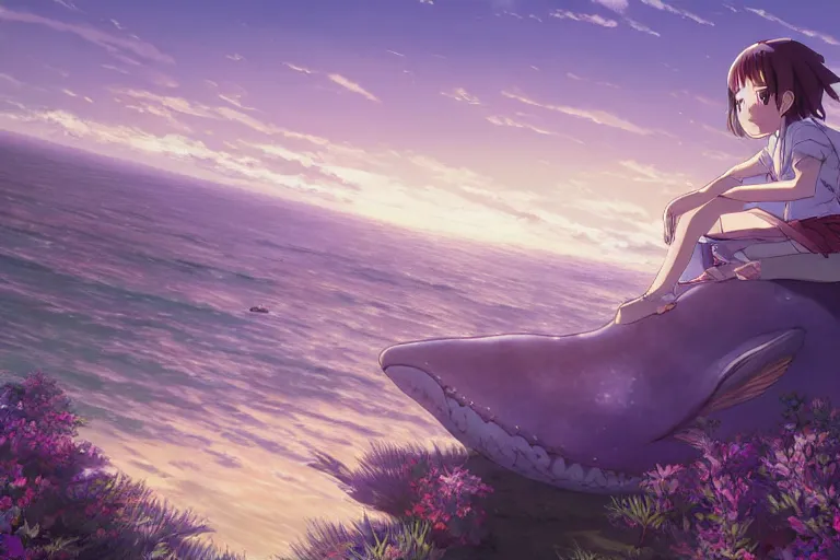 Prompt: a vast scene, panorama distant view, anime art full body portrait character concept art, hyper detailed scene render of the girl sat on the back of the whale, anime key visual of children of the sea, finely detailed perfect face, on the sea, makoto shinkai, violet evergarden, studio ghibli, james jean, hayao miyazaki, extremely high quality artwork