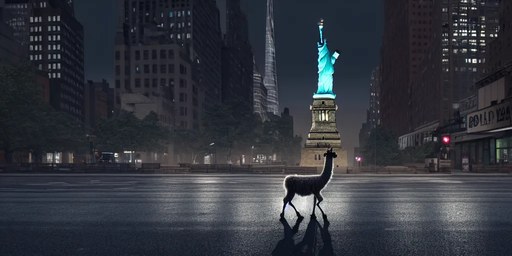 Image similar to a llama walking through a desolate manhattan city street at night, statue of liberty seen in the background, realistic 4 k octane beautifully detailed render, 4 k post - processing, highly detailed, detailed face, intricate complexity, epic composition, magical atmosphere, cinematic lighting, masterpiece, color picture, ultra hd