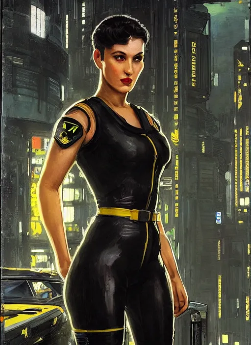 Image similar to Selina Kyle. beautiful cyberpunk female USN marine wearing a military vest and a black and yellow tactical jumpsuit (cyberpunk 2077, bladerunner 2049). gorgeous face. Iranian orientalist portrait by john william waterhouse and Edwin Longsden Long and Theodore Ralli and Nasreddine Dinet, oil on canvas. Cinematic, hyper realism, realistic proportions, dramatic lighting, high detail 4k