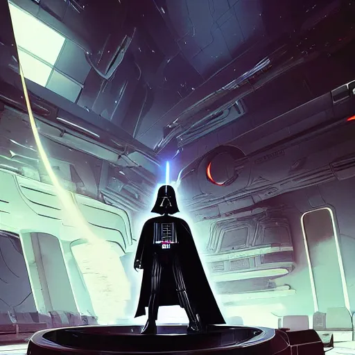 Prompt: darth vader standing in a futuristic room sci - fi behance hd artstation by jesper ejsing, by rhads, makoto shinkai and lois van baarle, ilya kuvshinov, ossdraws, that looks like it is from borderlands and by feng zhu and loish and laurie greasley, victo ngai, andreas rocha