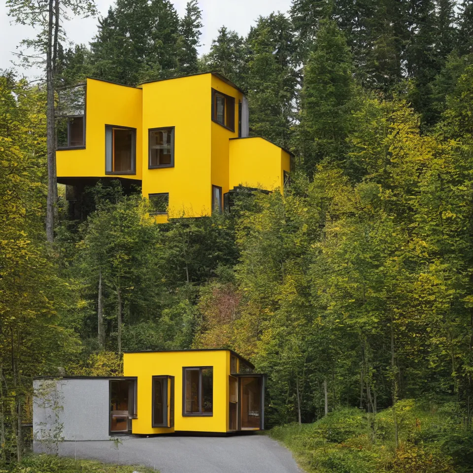 Image similar to a tiny flat horizontal house in the black forest, designed by Frank Gehry. Big tiles. Small wooden pathway . Film grain, cinematic, yellow hue