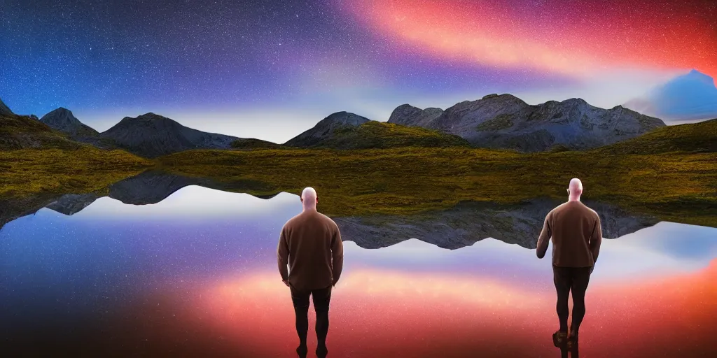 Image similar to beautiful landscape of small lake at night with distant mountains and close - up of a bald symmetric man in futuristic armor, ultra realistic, highly detailed, hd, sharp focus, cinematic lighting, realistic, vivid colors, painting, digital art, non blurry, sharp