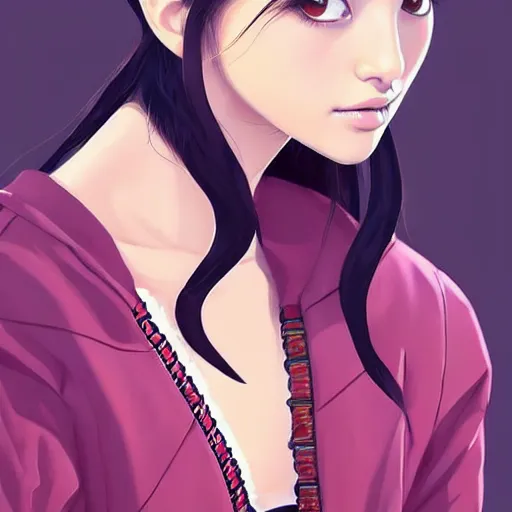 Image similar to a beautiful young japanese natalie portman alluring gravure model, stylized concept art, wearing elegant designer bomber jacket and one piece bikini, bomber jacket with mesoamerican patterns, mesoamerican native street fashion, princess mononoke, painted by ilya kuvshinov aesthetic, gorgeous, stunning, alluring, attractive, artstation, pinterest, digital art