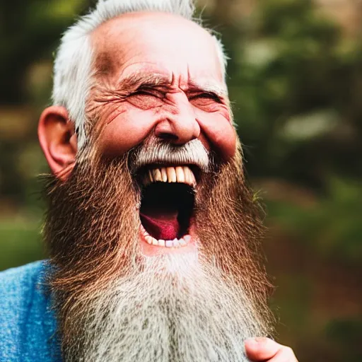 Image similar to photograph of an old man with very long beard laughing