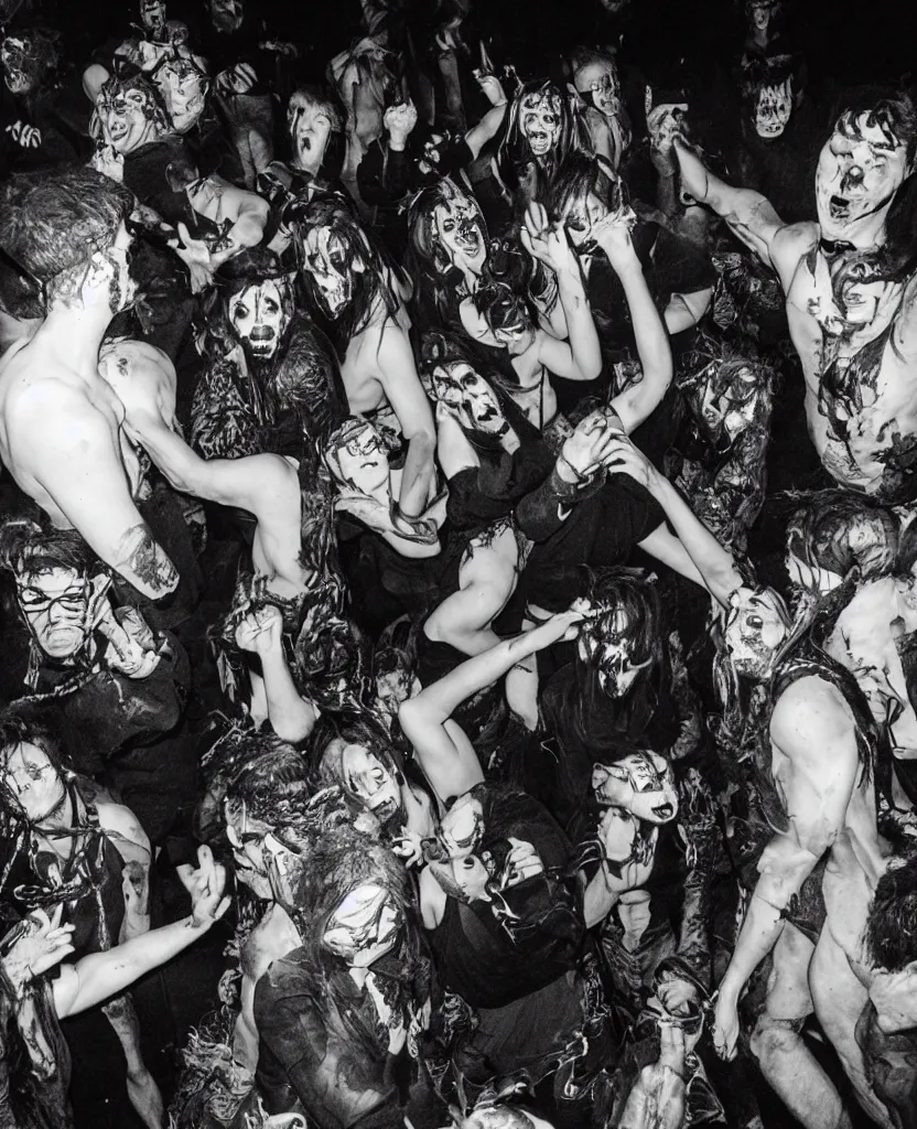 Image similar to photos of a wild underground party taken by merlin bronques, angry demonic death ghosts