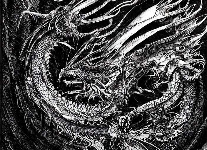 Prompt: black micron pen illustration, dragon steam punk, clean lines, really clear, crisp detail, fine pen, artstation, Ian Miller