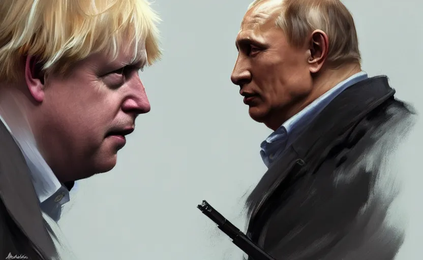 Image similar to Boris Johnson vs Vladimir Putin, face to face staring, civil war style, highly detailed, digital painting, artstation, concept art, smooth, sharp focus, illustration, cinematic lighting, art by artgerm and greg rutkowski and alphonse mucha