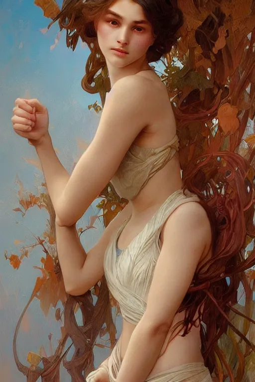 Prompt: portrait of a young teen model looking moved and touched, upper body, fantasy, intricate, elegant, highly detailed, digital painting, artstation, concept art, matte, sharp focus, illustration, art by Artgerm and Greg Rutkowski and Alphonse Mucha